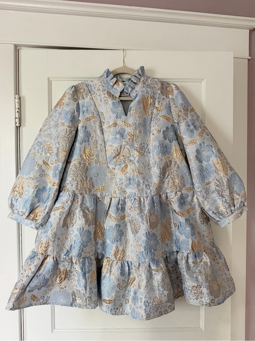 Shop The Mint Blue Gold Floral Jacquard Tiered Mini Dress Size Medium